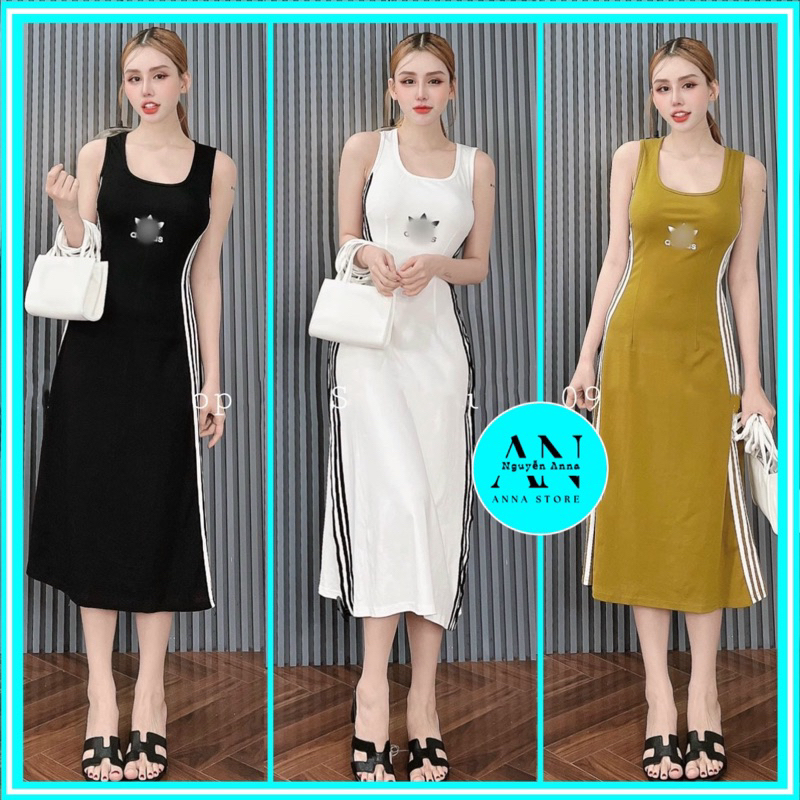 Đầm Body Dáng Dài Ba Lỗ 3 Sọc Kẻ Dọc Thêu Logo Độc Đáo Chất Vải Thun Gân Mềm Mịn Co Giãn Thoáng Mát M892
