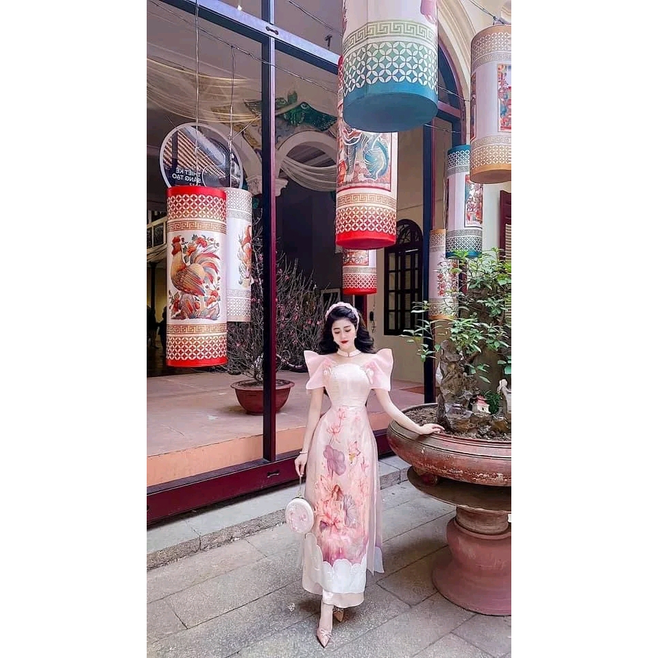 Áo dài cách tân tơ organza  hồng đính kết hoa cao cấp - Hồng tiên -  Áo dài Thu Hà Silk - TH448
