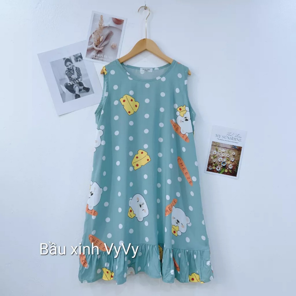 Váy Bầu Sát Nách Mặc Ngủ Mùa Hè Ở Nhà Lanh Lụa Mát Mẻ Thấm Hút Mồ Hôi