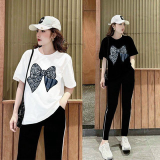 Bộ dài quần sọc thêu nơ logo cực đẹp