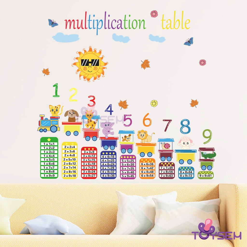 Decal bảng cửu chương và toa tàu thú họa tiết hoạt hình dễ thương LD96177 dán và trang trí phòng bé - Quà tặng cho bé