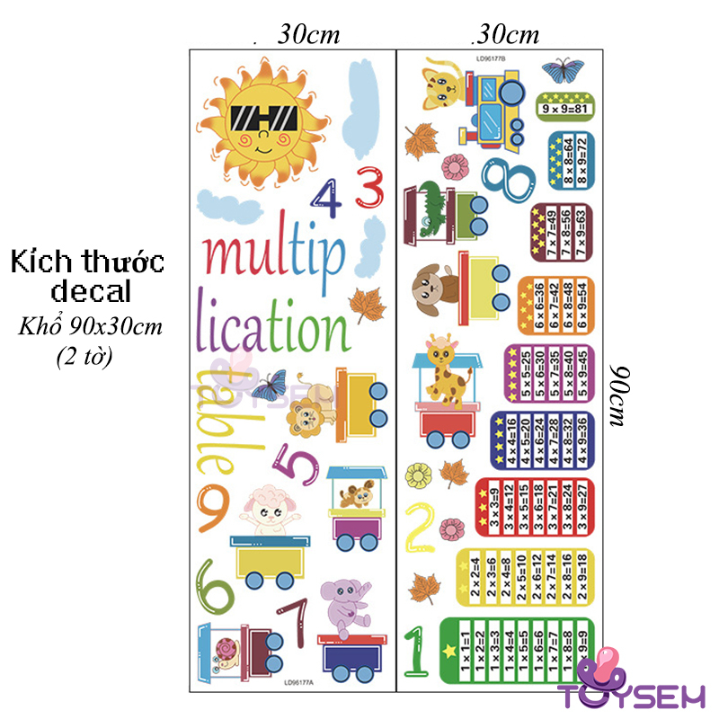 Decal bảng cửu chương và toa tàu thú họa tiết hoạt hình dễ thương LD96177 dán và trang trí phòng bé - Quà tặng cho bé