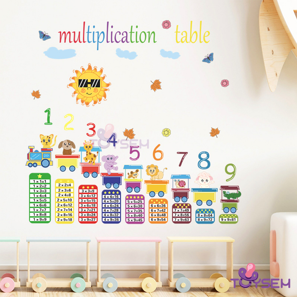 Decal bảng cửu chương và toa tàu thú họa tiết hoạt hình dễ thương LD96177 dán và trang trí phòng bé - Quà tặng cho bé