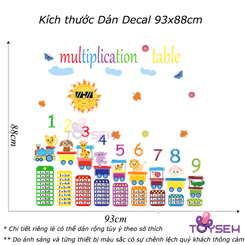 Decal bảng cửu chương và toa tàu thú họa tiết hoạt hình dễ thương LD96177 dán và trang trí phòng bé - Quà tặng cho bé