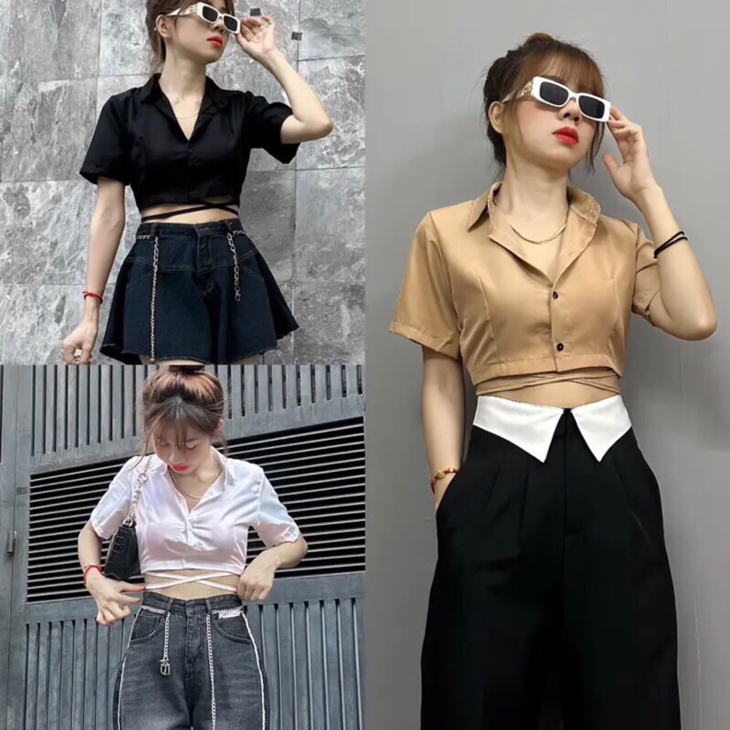 ÁO SƠ MI QUẤN EO TAY NGẮN DÁNG CROPTOP | Nashop12