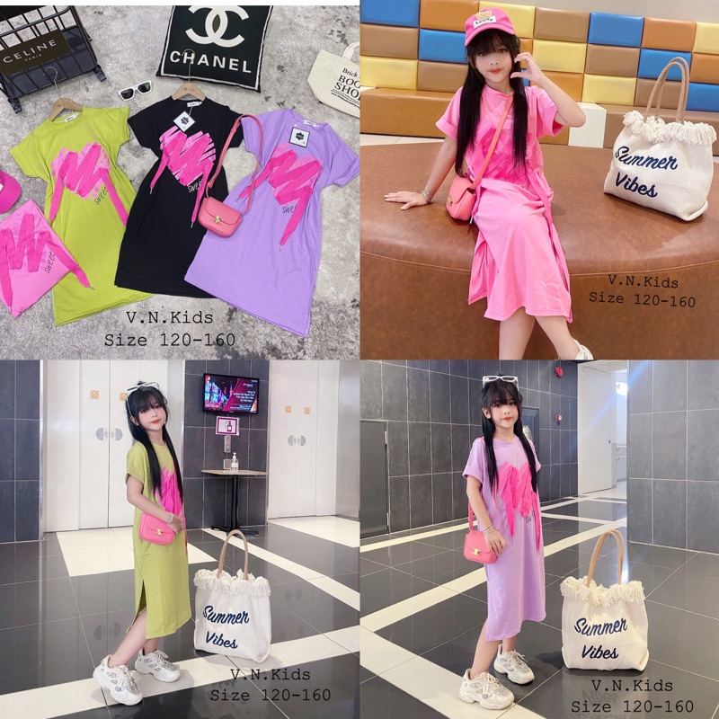 Váy xuông tim hồng đính dây cho Bé đón hè size đại 19kg-45kg