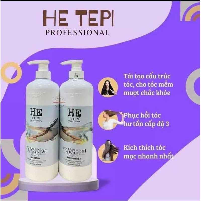 Bộ dầu gội xả HE TEPI Collagen Keratin No3 siêu mượt phục hồi tóc 3 in 1 2000ml