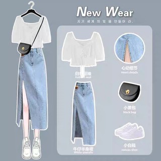 Set đồ big size Áo Croptop+ Chân váy jeans xẻ tà nữ