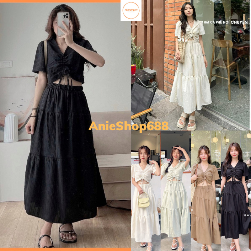 Set áo sơ mi đũi gân cộc tay mix dây rút xinh xắn kèm chân váy midi dáng dài đi chơi đi du lịch ANIESHOP688