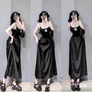 (sale 25%)Váy 2 Dây Nữ dự Tiệc _Thêu Logo Chalel Nổi Dáng Dài Maxi
