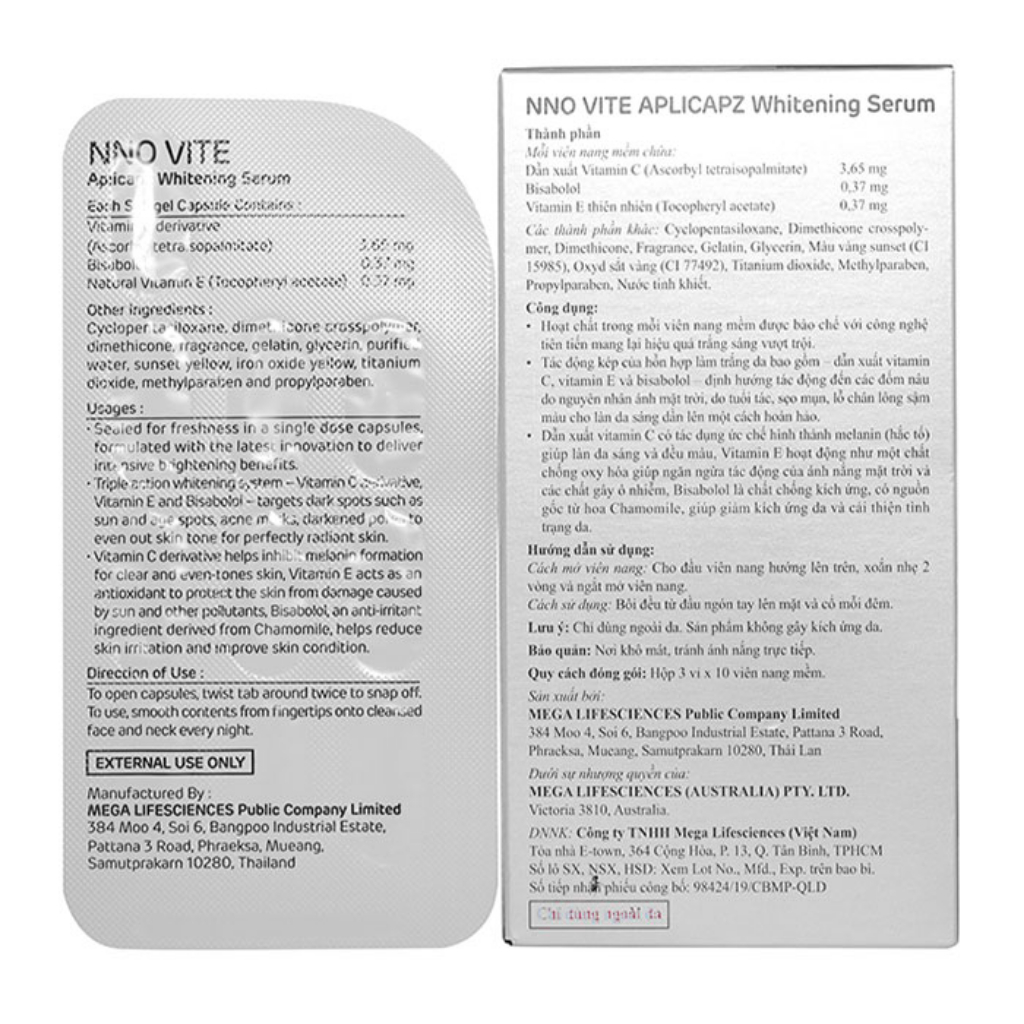 Serum NNO Vite Aplicapz dưỡng trắng da hộp 3 vỉ x 10 viên - NT Bình An