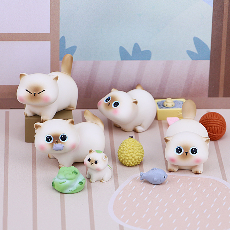 Blindbox Bộ mô hình mèo bốn món dễ thương, đi kèm chi tiết, chất liệu nhựa cao cấp, trang trí bàn học, bàn làm việc.