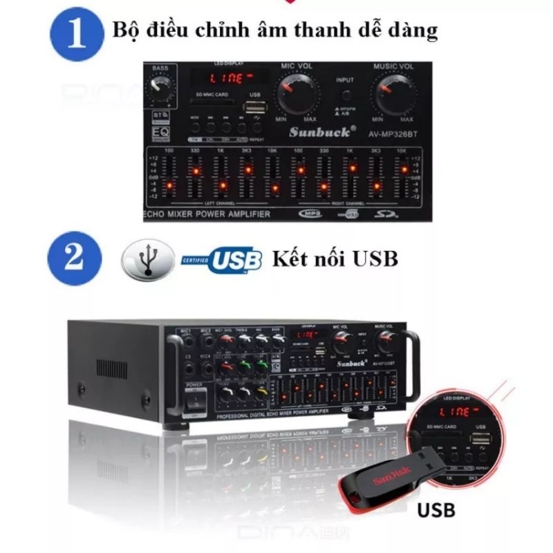 Amply karaoke đa năng Sunbuck 326BT Ampli Bluetooth 5.0 điện 12V- 220V. Dùng cho ô tô, gia đình nghe nhạc hát karaoke