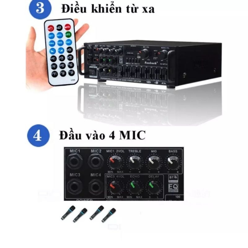 Amply karaoke đa năng Sunbuck 326BT Ampli Bluetooth 5.0 điện 12V- 220V. Dùng cho ô tô, gia đình nghe nhạc hát karaoke