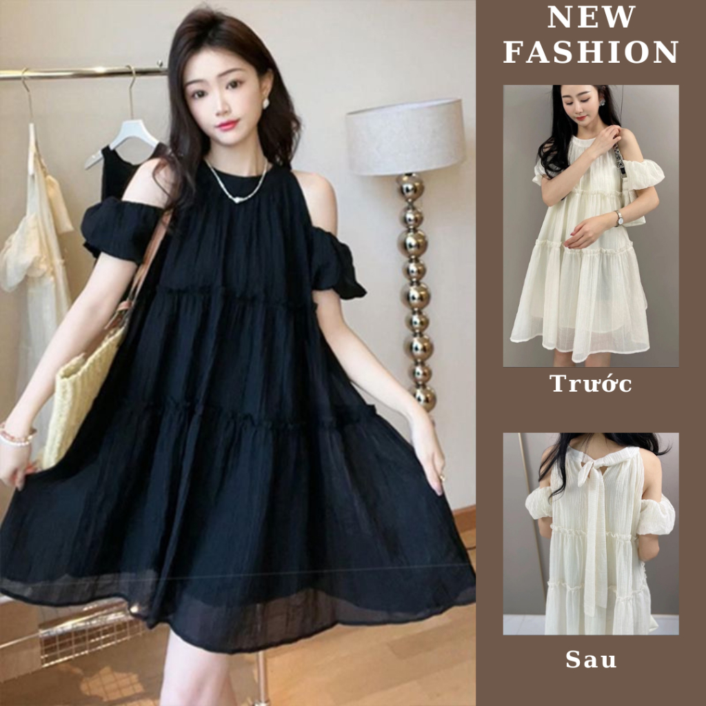 Váy - Đầm Trễ Vai Free Size BaBy Doll Cổ Yếm Hở Vai Nữ Tính Nhẹ Nhàng Váy Chất Tơ BaByDoll Khoét Vai Cổ Yếm Bèo Tầng