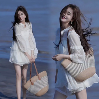 Set Váy Đầm Đi Biển Baby Doll Dài Tay 🦋 Đen, Trắng Xếp Tầng Nữ Tính, Thiết Kế Độc Lạ Chất Tơ ( Sẵn + Ảnh Clip Thật)