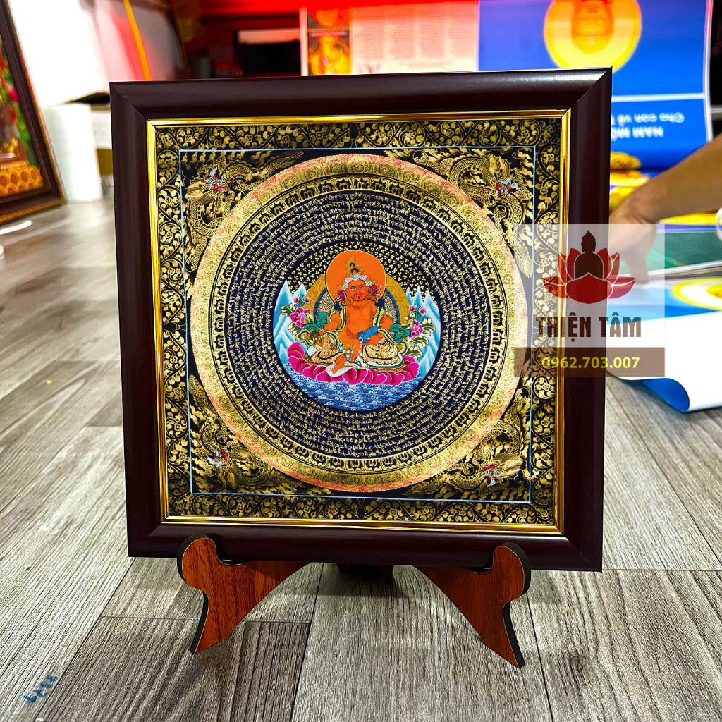 Tranh Hoàng Thần Tài Mandala để bàn size lớn 23x23cm khung composite, chân gỗ xịn xò