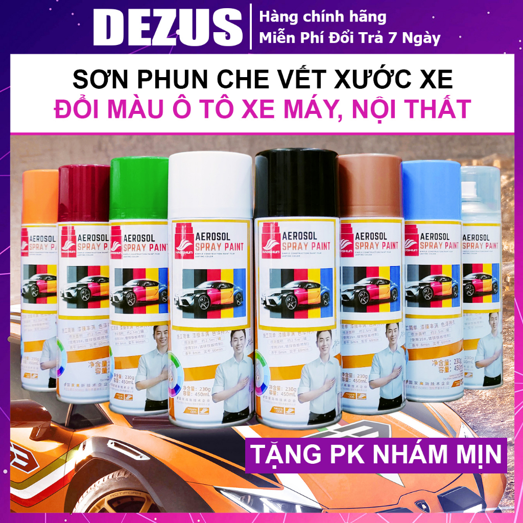 Sơn Màu Xóa Vết Xước Ô tô Xe Máy - Sơn Phun Màu Trắng, Đen, Bạc, Đỏ, Vàng, Xanh Lá, Xanh Tím Than - Bóng Mịn, Bám Dính