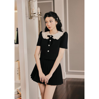 Set váy ngắn cộc tay cao cấp phối cổ trắng sang chảnh màu đen phong cách tiểu thư hiện đại Deliz Chou Chou