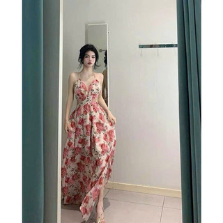 Đầm thời trang nữ mặc đi chơi chất voan hoa màu đỏ chéo eo 2 dây maxi cột lưng chun co giãn