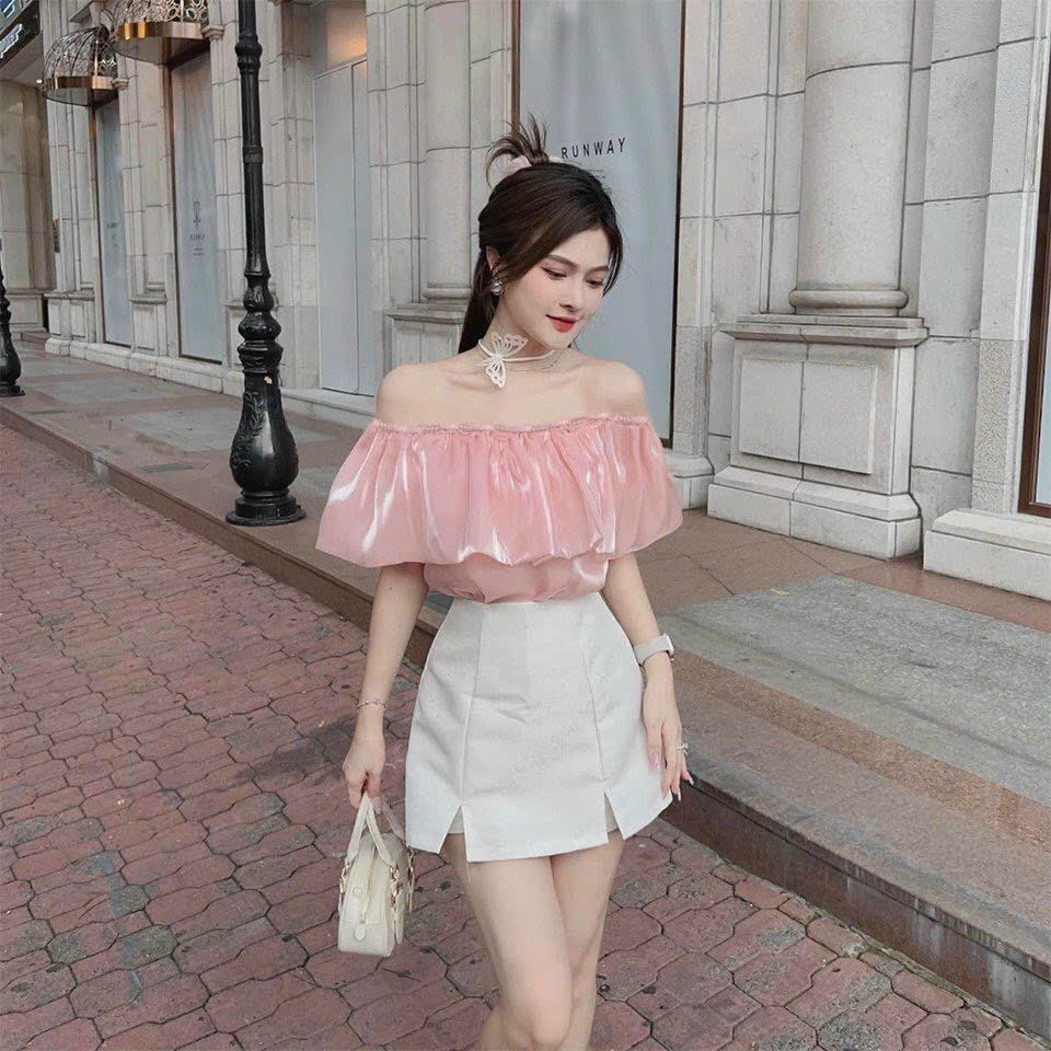 Sét bộ quần giả váy thời trang nữ mặc đi chơi chất voan tơ trễ vai hồng mix váy chữ a cotton