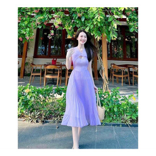 Đầm thời trang nữ mặc đi chơi Hè chất lụa 100D màu tím áo chéo tay ngắn mix tùng váy dập ly