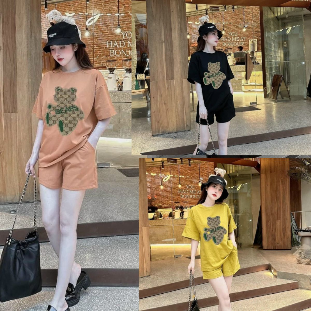 Set bộ đùi chất cotton su phom rộng mặc nhà cho nữ rẻ đẹp đơn giản mùa hè bigsize 40-75kg- in gấu nâu