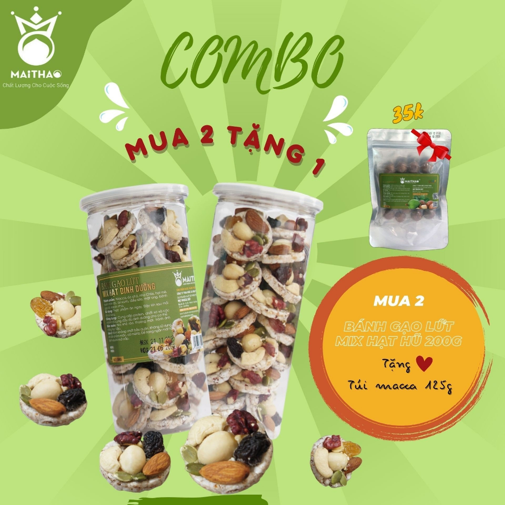 Combo 2 Bánh mix hạt dinh dưỡng tặng kèm túi Macca 125g, bánh ngũ cốc ăn kiêng giảm cân không đường