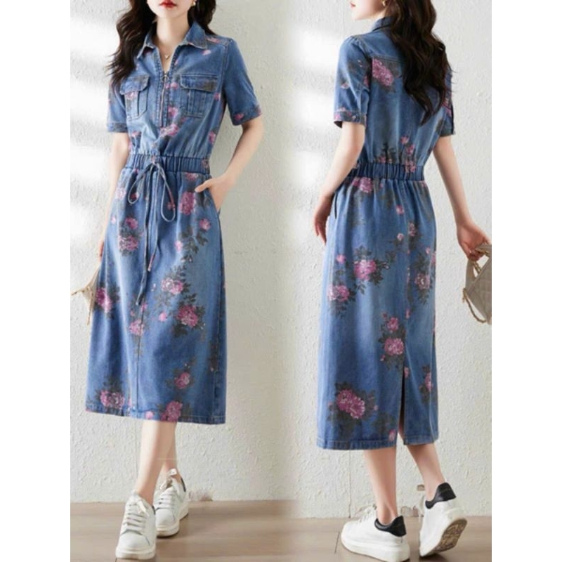 ĐẦM JEAN HOA CỔ SƠMI RÚT EO CAO CẤP