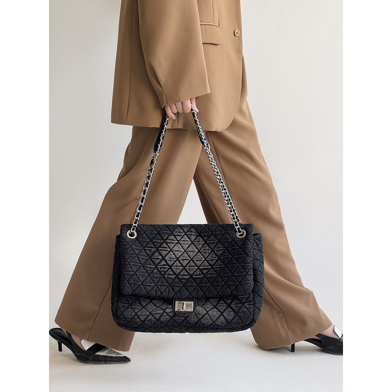 Túi Xách classic denim màu xám khói hot 2023, túi nữ jean cá tính size lớn