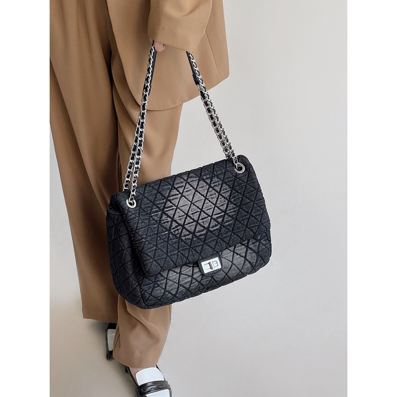 Túi Xách classic denim màu xám khói hot 2023, túi nữ jean cá tính size lớn