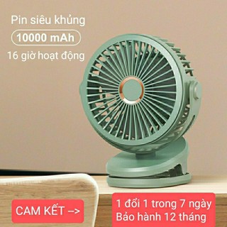 Quạt tích điện mini pin 10.000mAh, chân đế đa năng để bàn hoặc kẹp tiện lợi, chạy 12h liên tiếp.