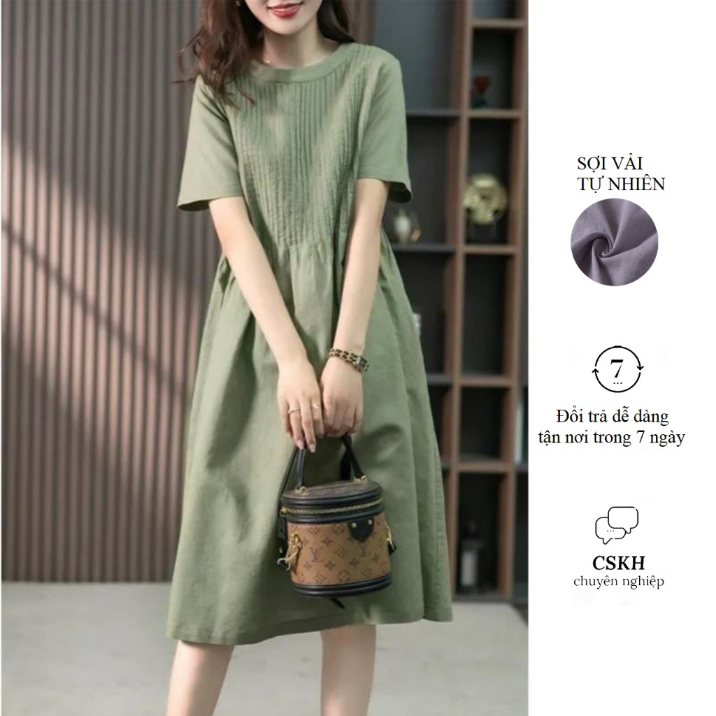 Đầm suông Linen nữ cổ tròn 2 túi chéo, xếp li trước độc đáo, đầm màu xanh rêu thời trang