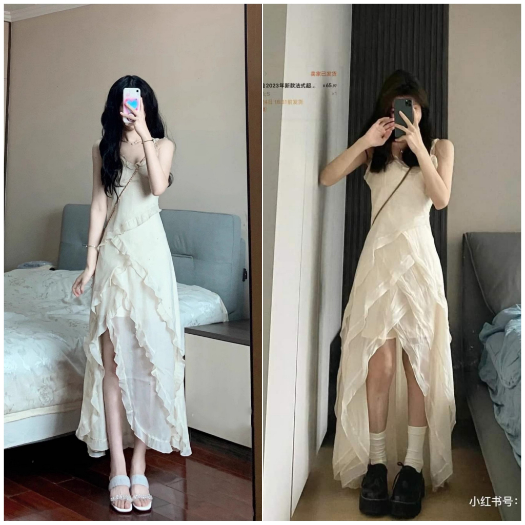 (Sẵn) M289 - Đầm maxi voan hai dây đắp tà nhiều lớp viền bèo xẻ tà giữa/ lệch bên đi biển (2 mẫu, ảnh thật)