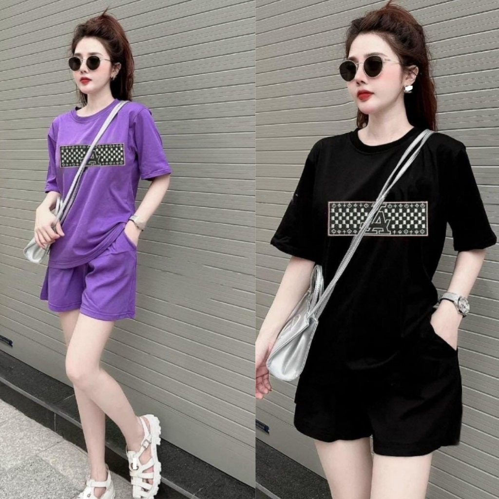 Set Đồ Bộ Nữ Mặc Nhà Rẻ Đẹp Mùa Hè Phom Rộng Thể Thao 3 Size 45 - 75Kg Set Đùi Bigsize Chất Thun Coton In Chữ Ngang