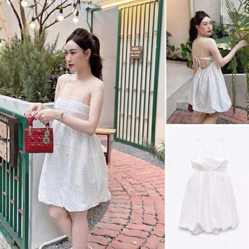 Váy 2 dây hở lưng thêu đục lỗ