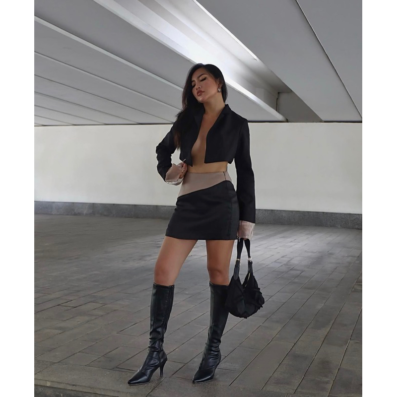 Set chân váy kèm áo blazer croptop phối organza tay loe hàng thiết kế cao cấp siêu đẹp