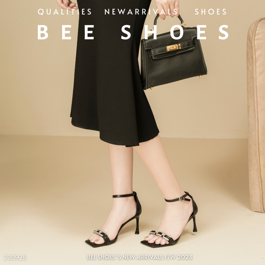 SANDAL NỮ BEESHOES MŨI VUÔNG - SANDAL NỮ MŨI VUÔNG 9 PHÂN SẴN MÀU ĐEN TRẮNG 230925