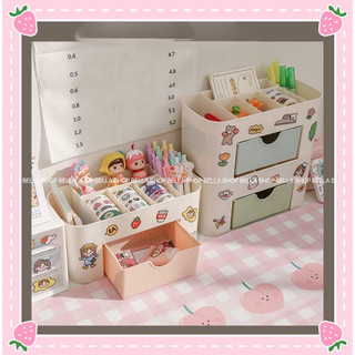 Kệ Đựng Mỹ Phẩm Nhiều Ngăn Tằng Sticker Cute Bằng Nhựa - Đa Chức Năng Với Ngăn Kéo Để Bàn