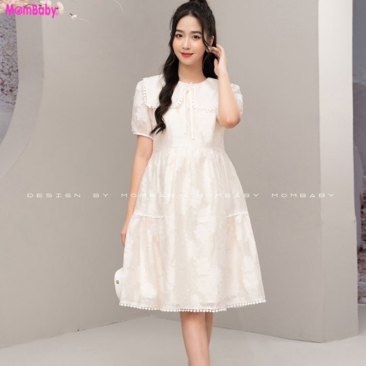 Đầm bầu dự tiệc- váy bầu mùa hè phối cổ ren viền dáng babydoll tơ hoa xinh xắn thiết kế MOMBABY