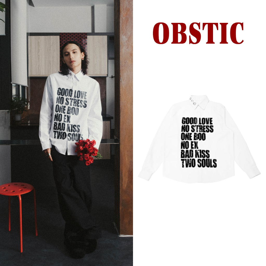 Áo sơ mi tay dài OBSTIC "Good Love Bad Kiss" màu trắng đen