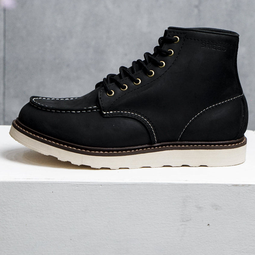 giày boots nam moctoe cổ cao da bò sáp màu đen tăng chiều cao 4,5 cm