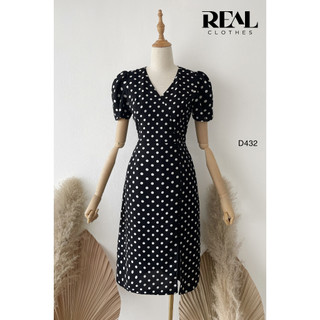Đầm công sở chéo chấm bi đen_real