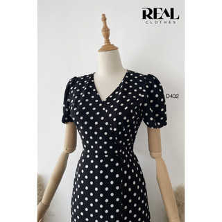 Đầm Công Sở Chéo Chấm Bi Đen_REAL
