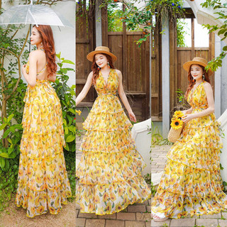 Đầm maxi hoa hồng bèo tầng