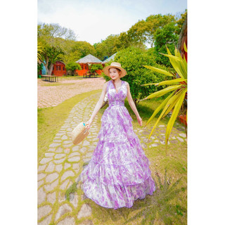 Đầm maxi hoa hồng bèo tầng