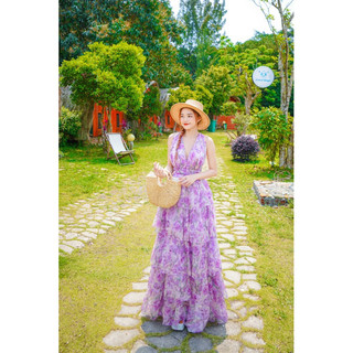 Đầm maxi hoa hồng bèo tầng