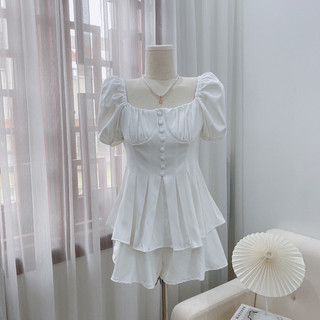 Set Áo Peplum Tay Bồng Nút Bọc