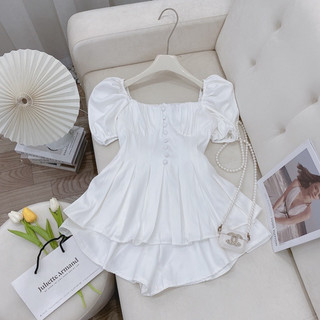 Set Áo Peplum Tay Bồng Nút Bọc