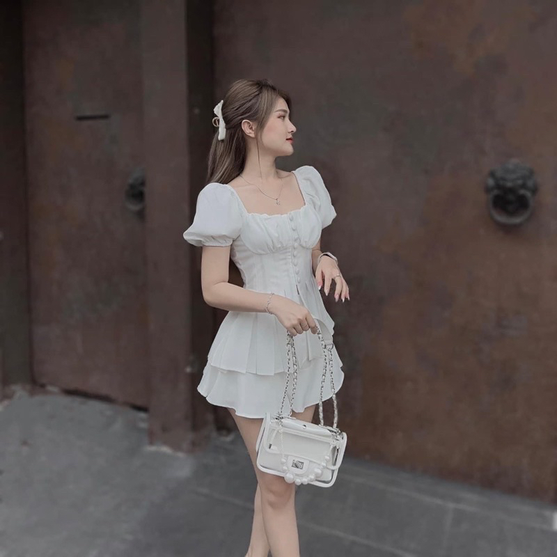 Set Áo Peplum Tay Bồng Nút Bọc